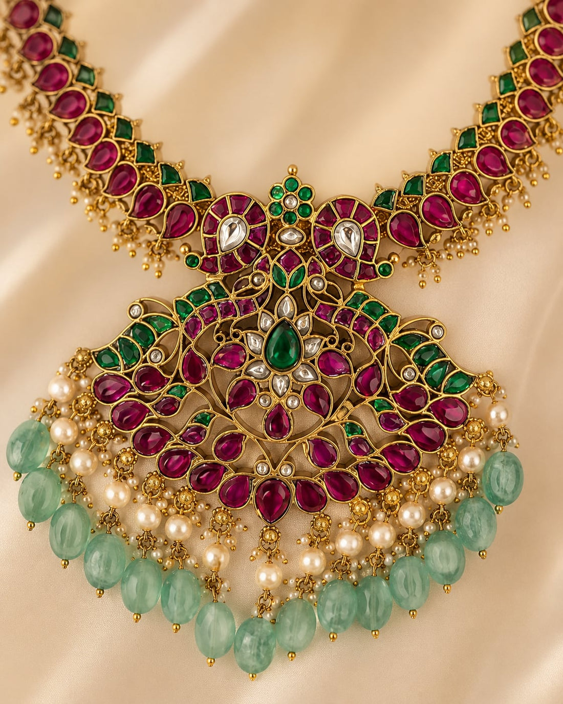 FeelOri ruby green peacock motif jadau kundan necklace pendant detail