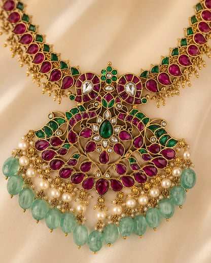 FeelOri ruby green peacock motif jadau kundan necklace pendant detail
