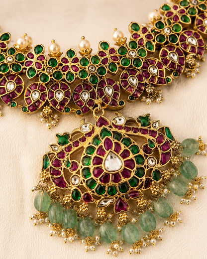 FeelOri ruby green mango motif jadau kundan necklace and pendant detail
