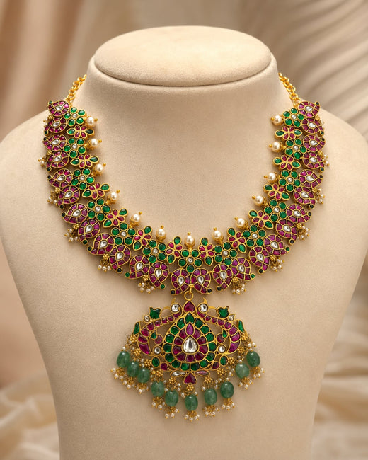 FeelOri ruby green mango motif jadau kundan necklace with pendant on display