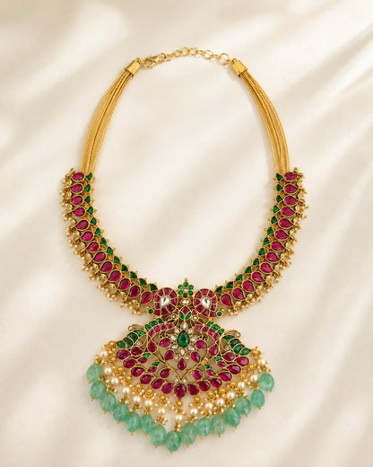 FeelOri ruby green peacock motif jadau kundan necklace with large pendant