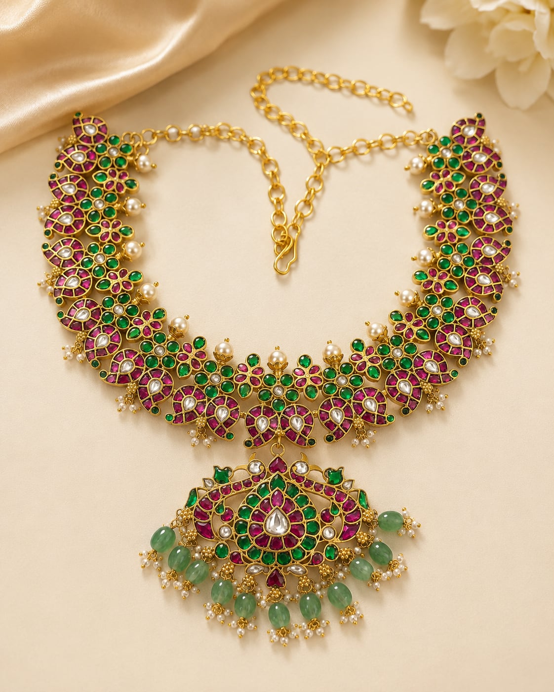 FeelOri ruby green mango motif jadau kundan necklace with pendant