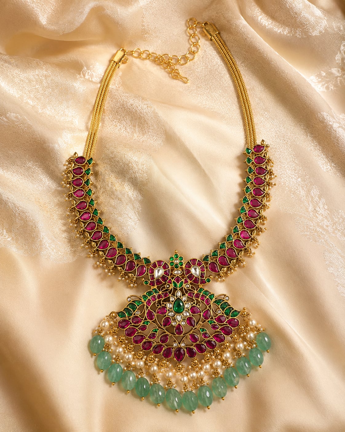 FeelOri ruby green peacock motif jadau kundan necklace styled on ivory silk