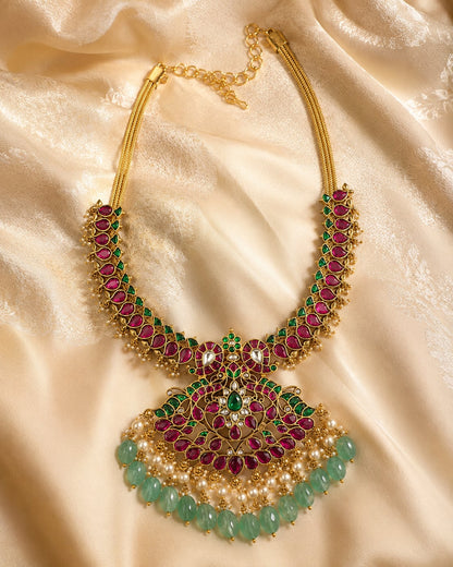 FeelOri ruby green peacock motif jadau kundan necklace styled on ivory silk