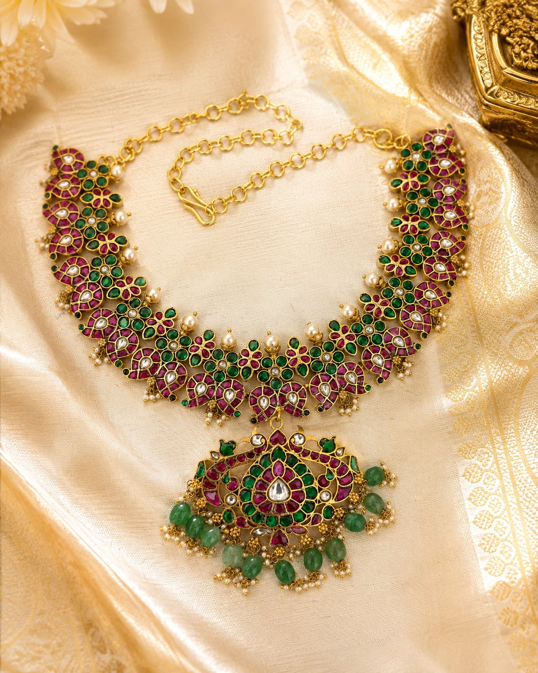 FeelOri ruby green mango motif jadau kundan necklace with silk saree styling