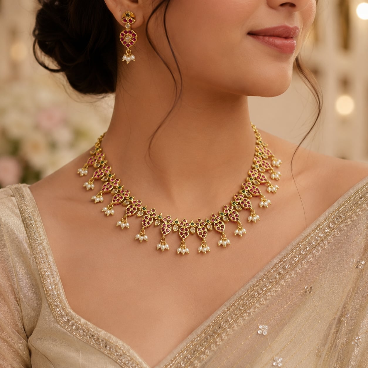 FeelOri ruby-tone and emerald-tone necklace set with matching earrings pendant and gold-polished detail