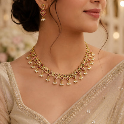 FeelOri ruby-tone and emerald-tone necklace set with matching earrings pendant and gold-polished detail
