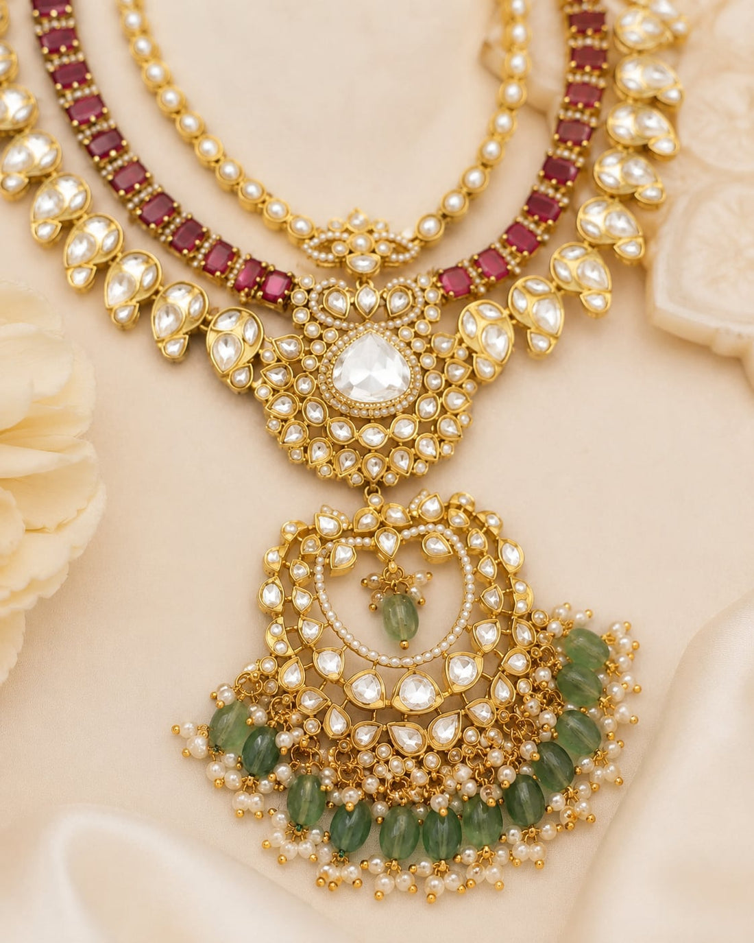 FeelOri ruby-tone and emerald-tone necklace set with matching earrings pendant and gold-polished detail