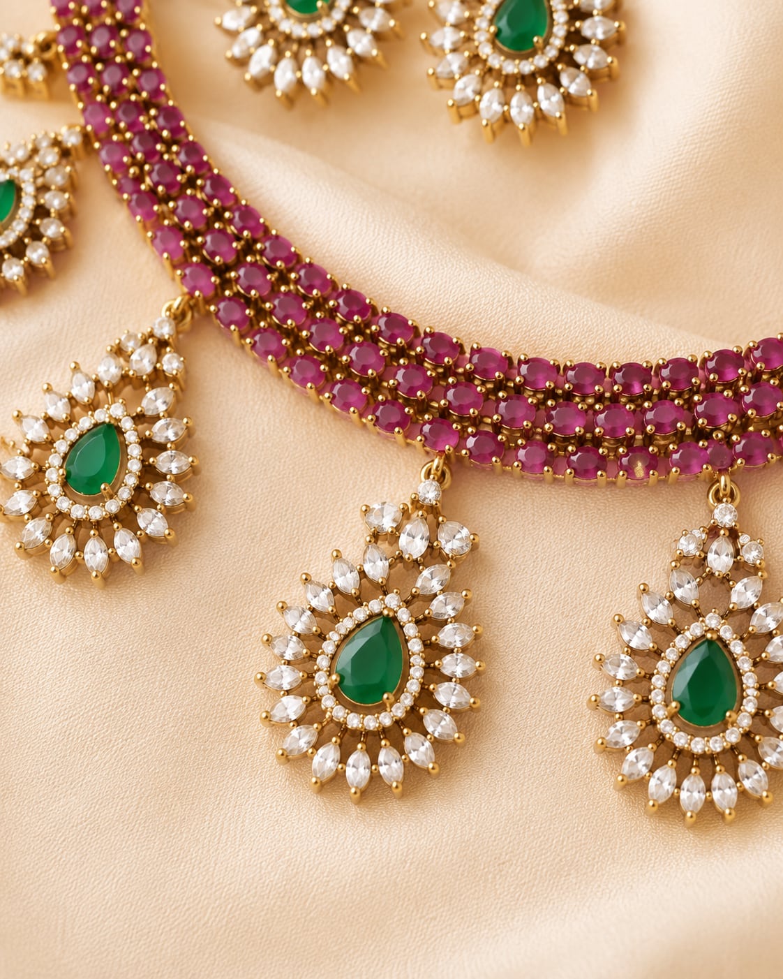 FeelOri ruby-tone and emerald-tone necklace set with matching earrings pendant and gold-polished detail