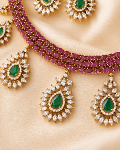 FeelOri ruby-tone and emerald-tone necklace set with matching earrings pendant and gold-polished detail
