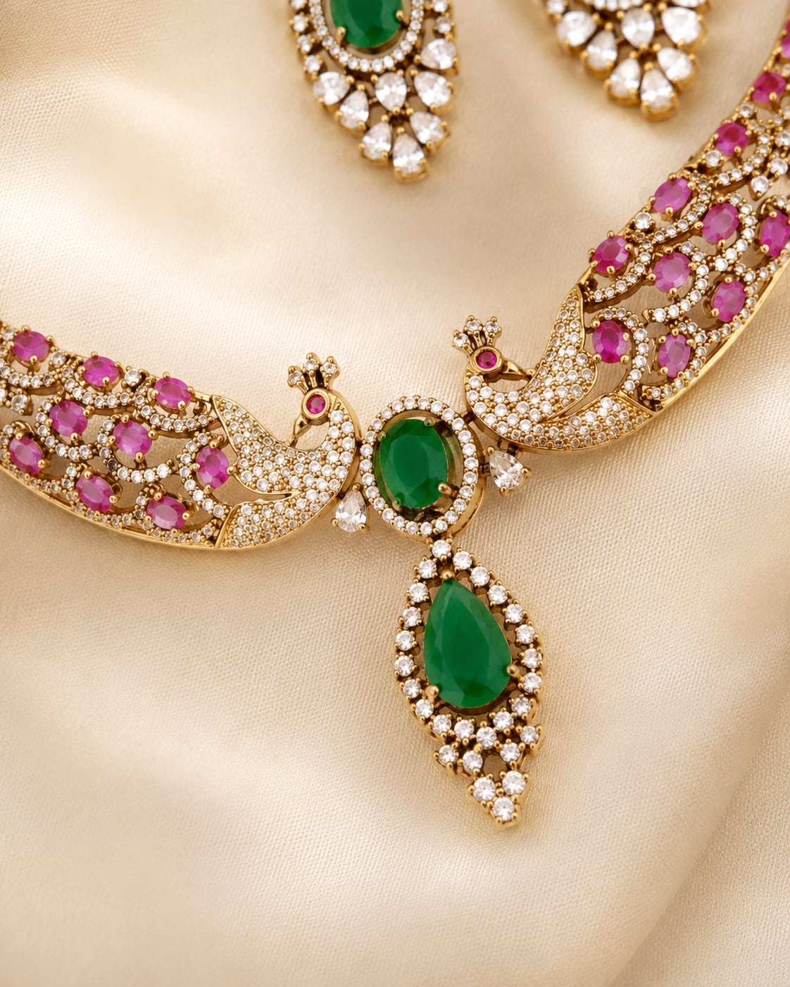 FeelOri ruby-tone and emerald-tone necklace set with matching earrings pendant and gold-polished detail