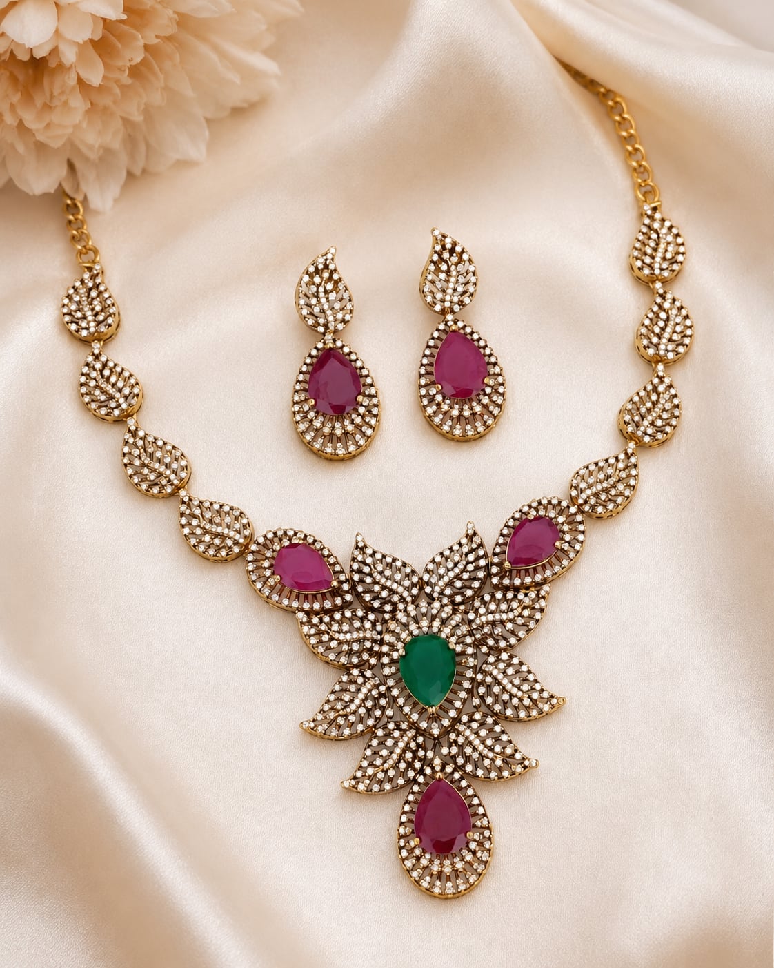 FeelOri ruby-tone and emerald-tone necklace set with matching earrings pendant and gold-polished detail