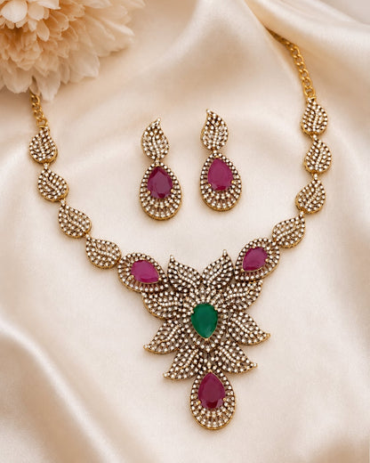 FeelOri ruby-tone and emerald-tone necklace set with matching earrings pendant and gold-polished detail