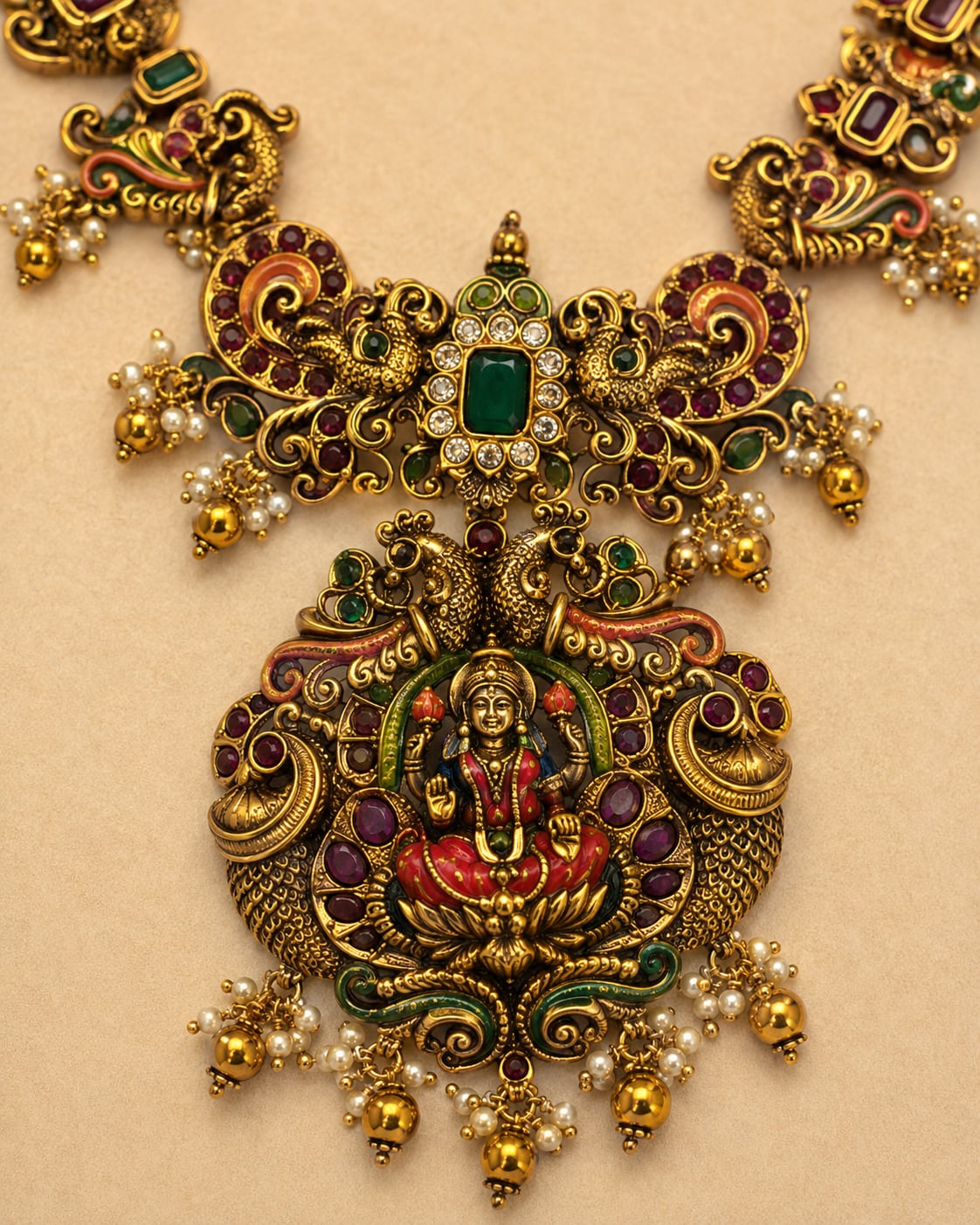FeelOri ruby and emerald necklace set with matching earrings pendant and gold-polished detail