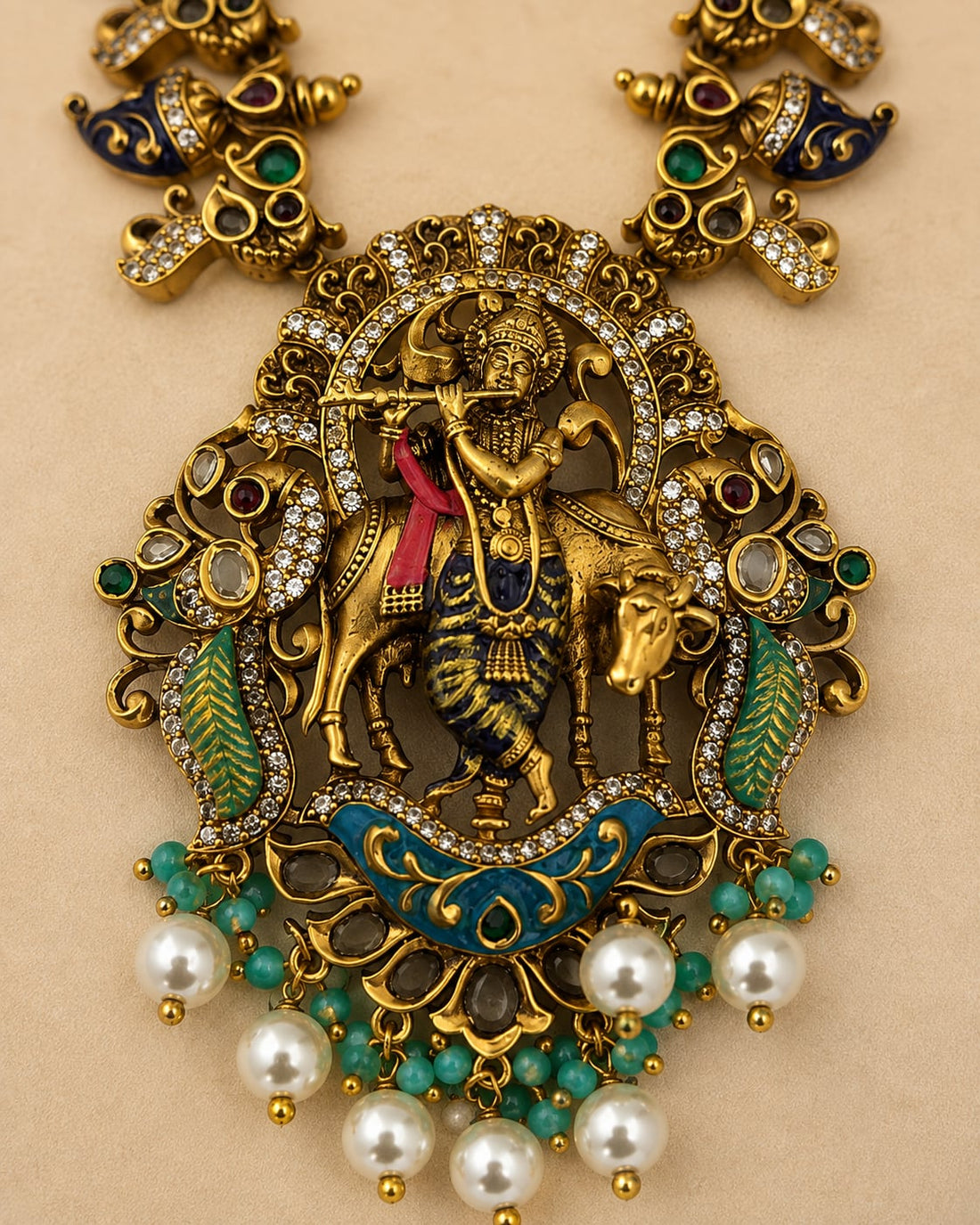 FeelOri ruby and emerald necklace set with matching earrings pendant and gold-polished detail
