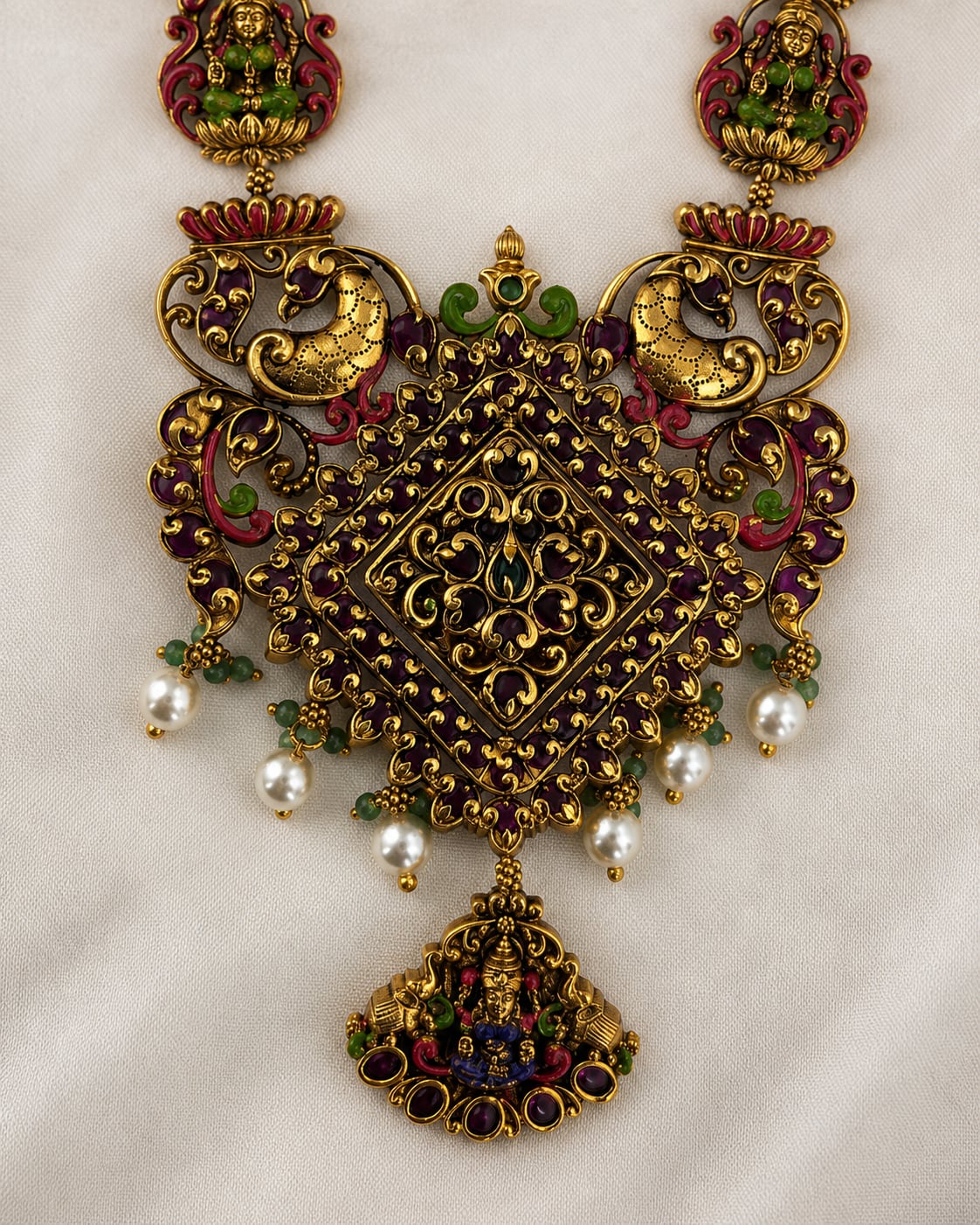 FeelOri ruby and emerald necklace set with matching earrings pendant and gold-polished detail