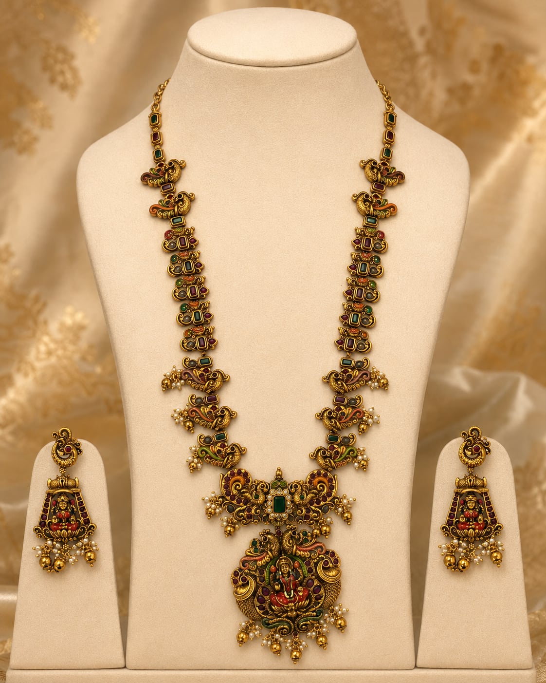 FeelOri ruby and emerald necklace set with matching earrings on jewellery display