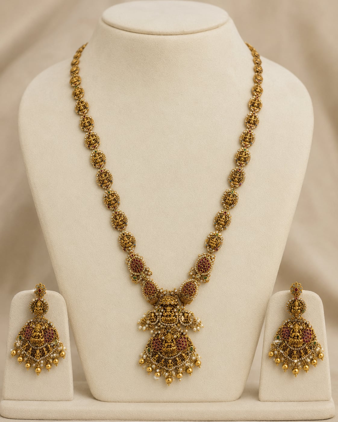 FeelOri ruby and emerald necklace set with matching earrings on jewellery display