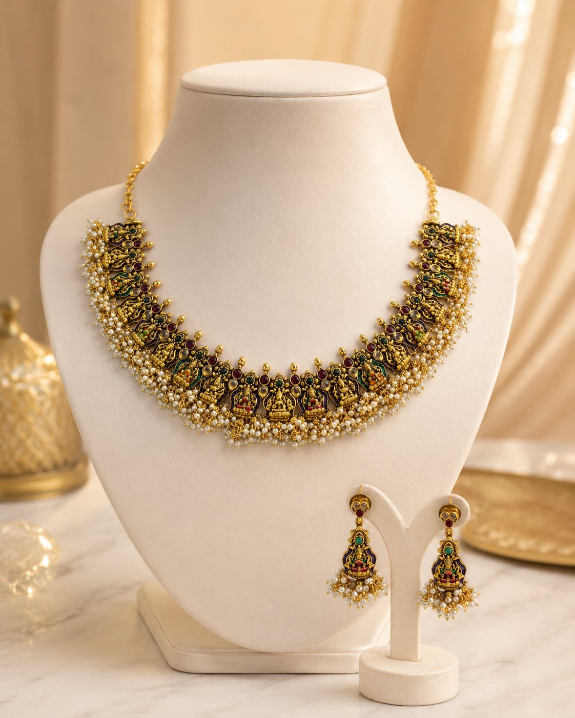 FeelOri ruby and emerald necklace set with matching earrings on jewellery display