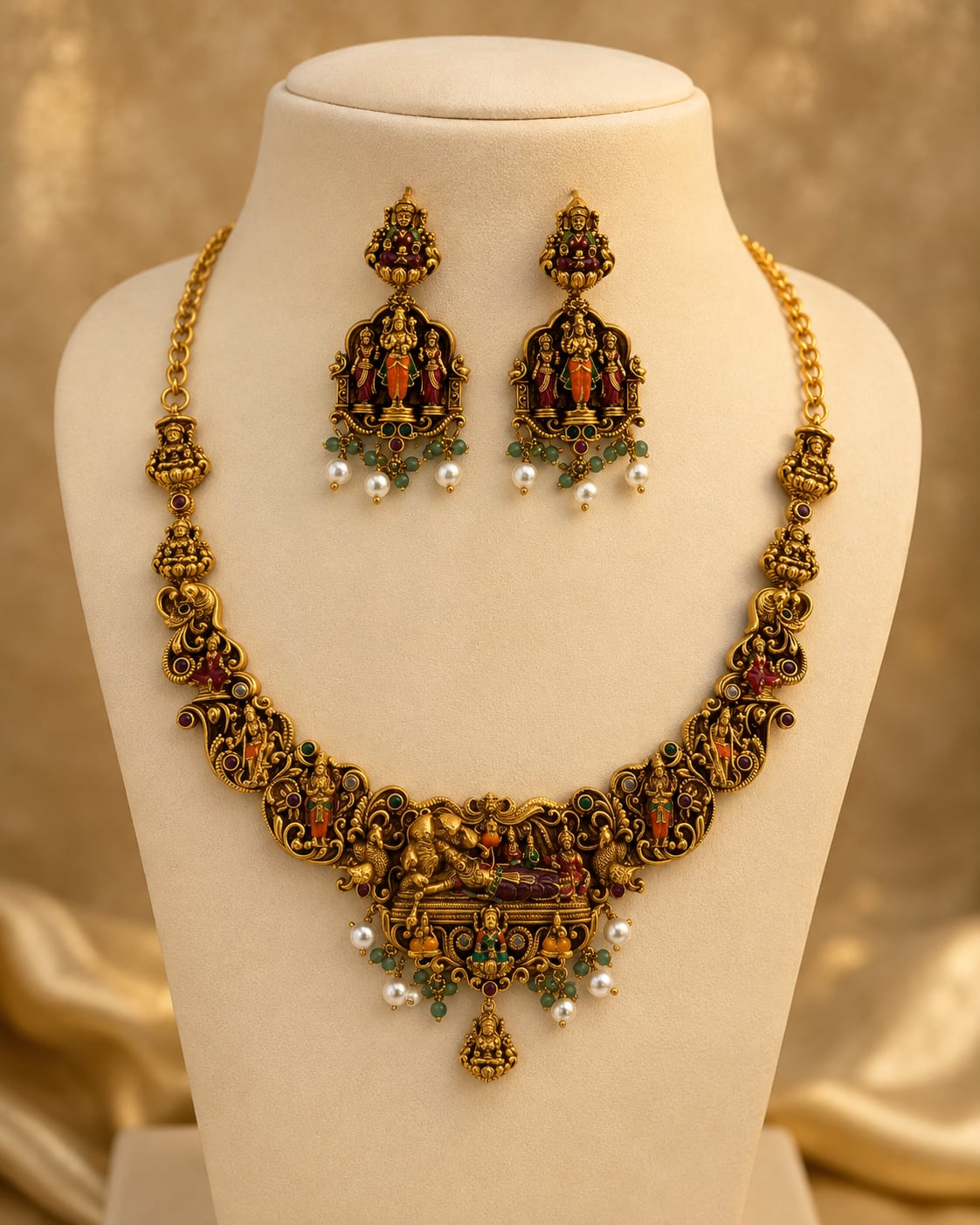 FeelOri ruby and emerald necklace set with matching earrings on jewellery display