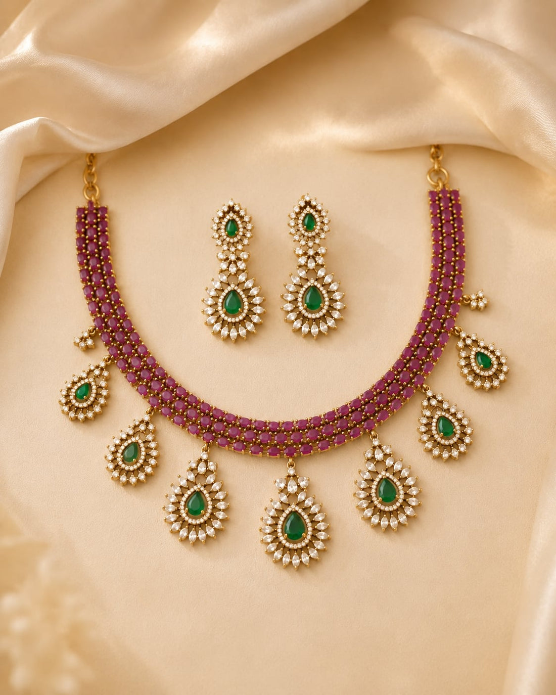 FeelOri ruby-tone and emerald-tone necklace set with matching earrings for sarees and festive styling
