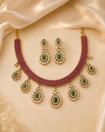 FeelOri ruby-tone and emerald-tone necklace set with matching earrings for sarees and festive styling