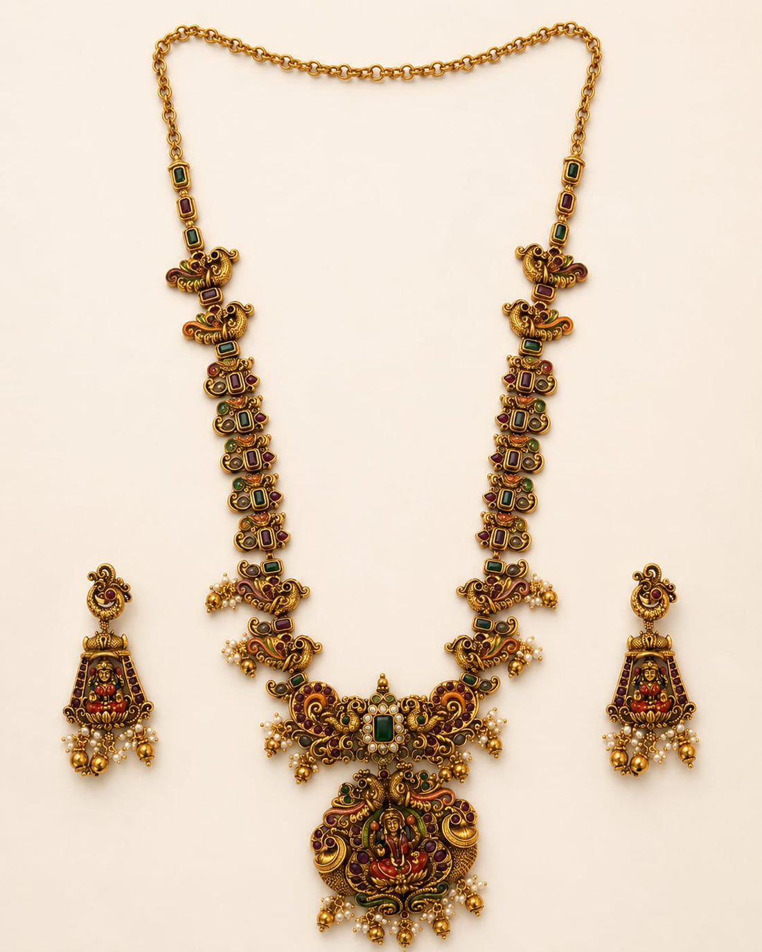FeelOri ruby and emerald necklace set with matching earrings for sarees and festive styling