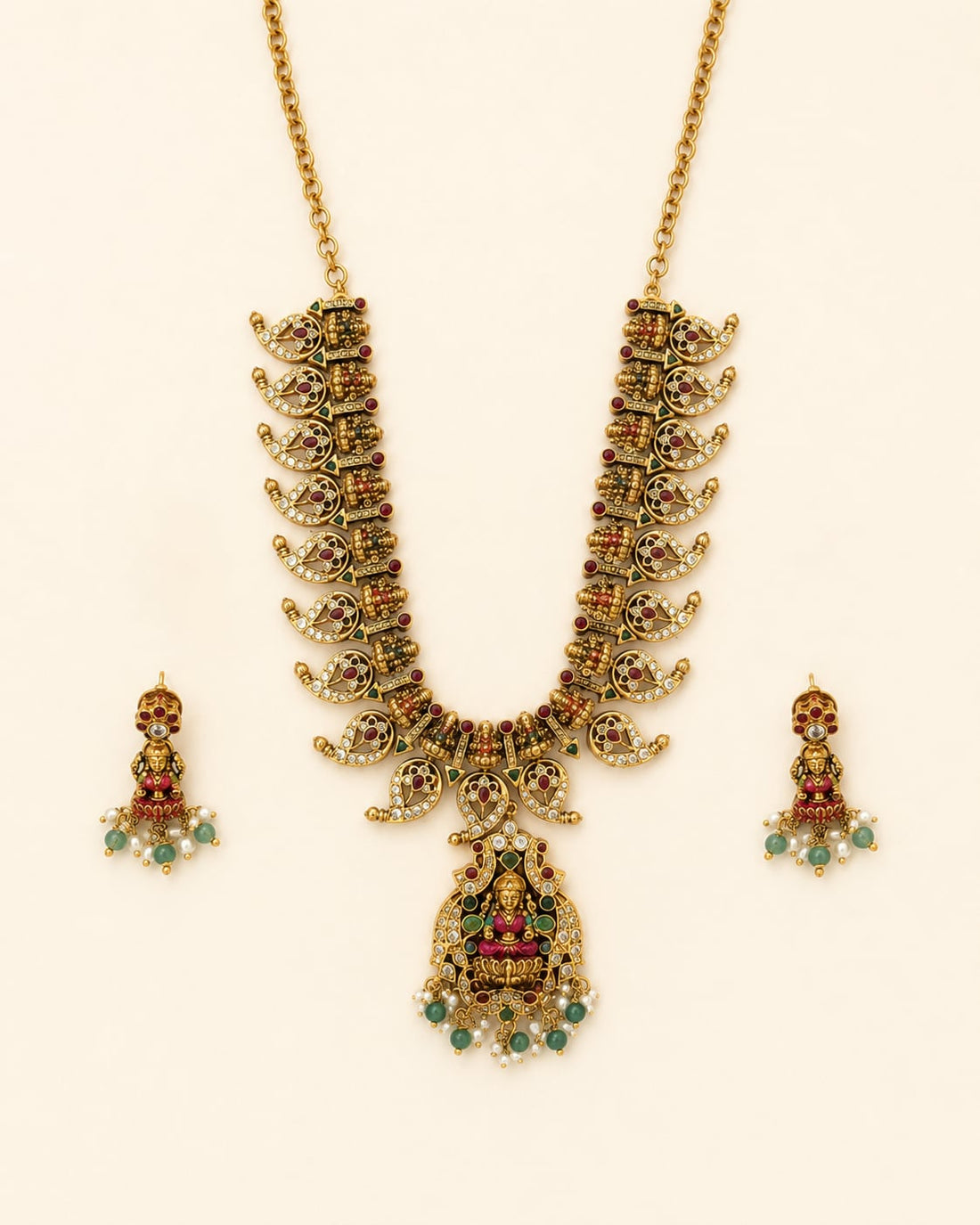 FeelOri ruby and emerald necklace set with matching earrings for sarees and festive styling