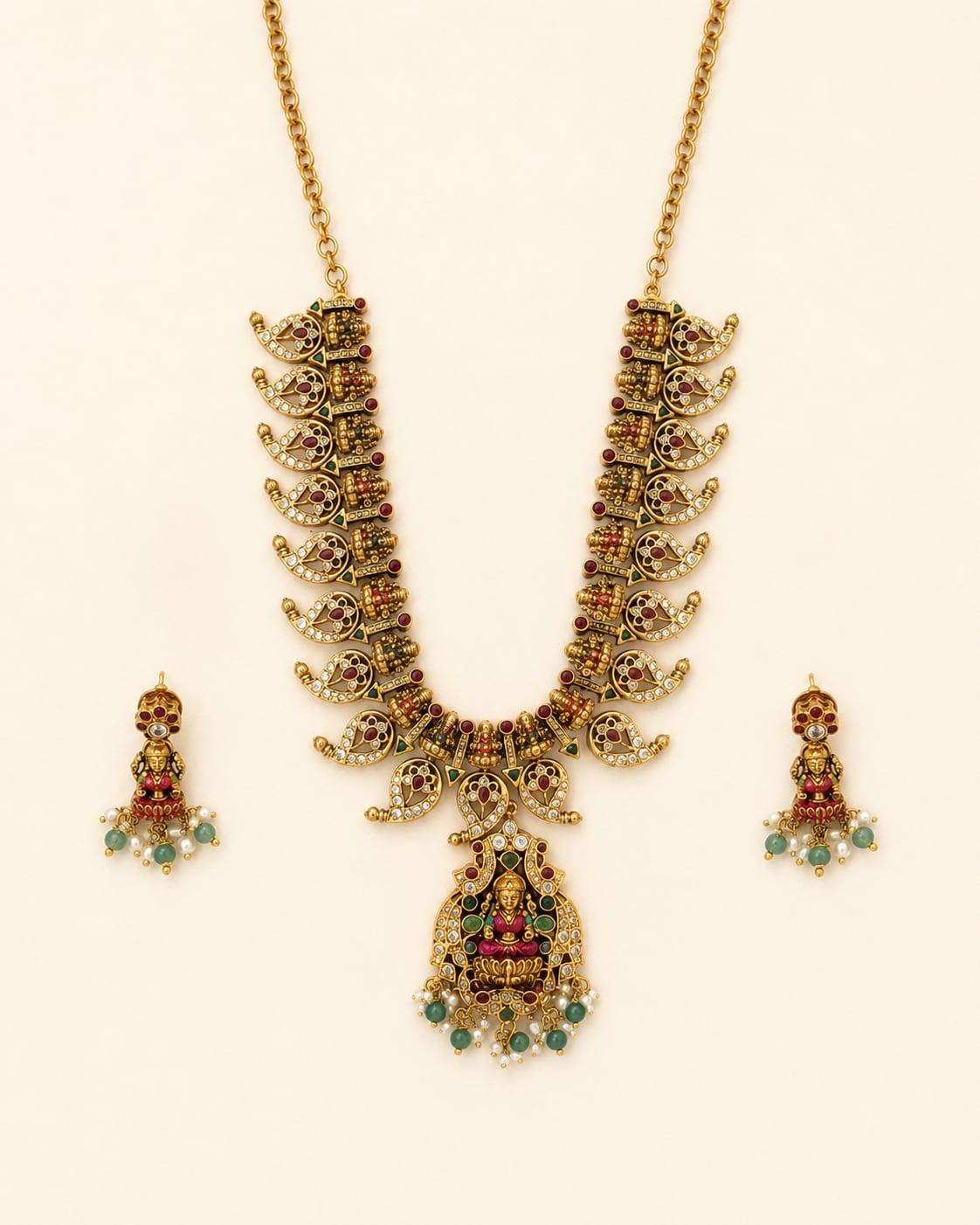 FeelOri ruby and emerald necklace set with matching earrings for sarees and festive styling