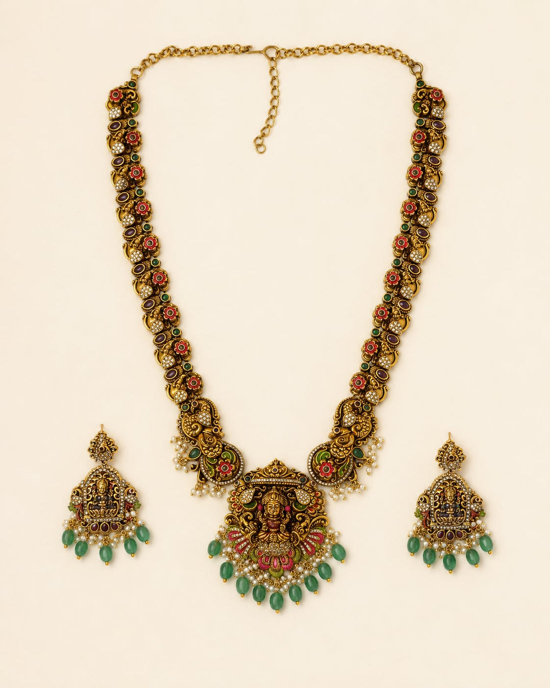 FeelOri ruby and emerald necklace set with matching earrings for sarees and festive styling