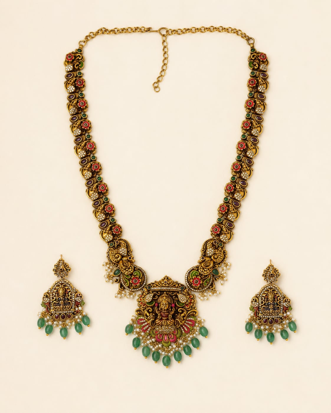 FeelOri ruby and emerald necklace set with matching earrings for sarees and festive styling