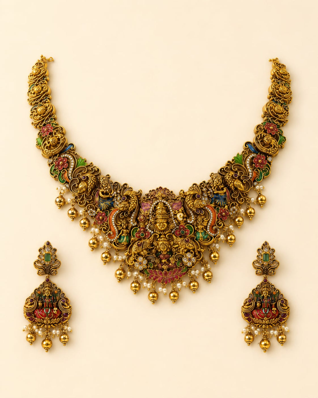 FeelOri ruby and emerald necklace set with matching earrings for sarees and festive styling