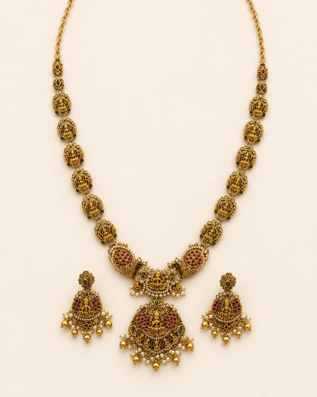 FeelOri ruby and emerald necklace set with matching earrings for sarees and festive styling