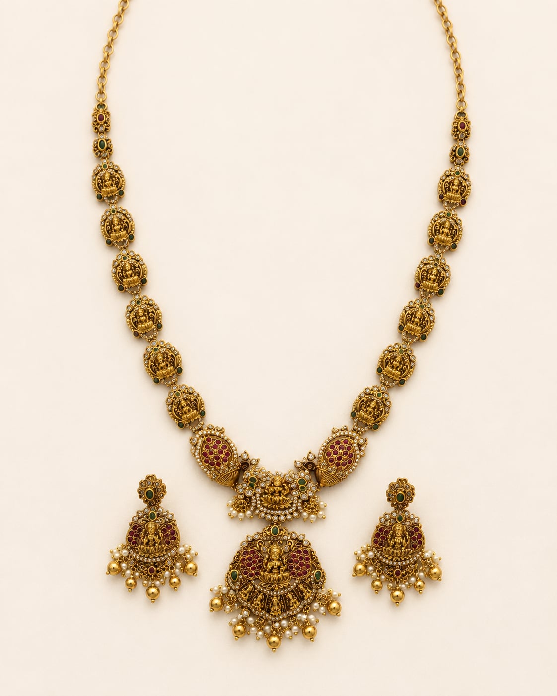 FeelOri ruby and emerald necklace set with matching earrings for sarees and festive styling