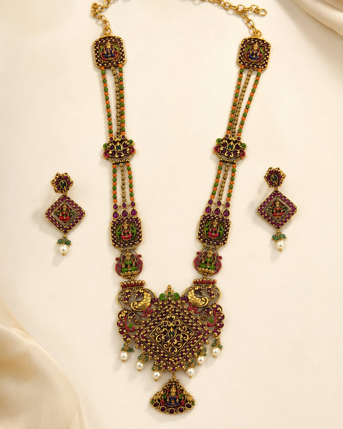FeelOri ruby and emerald necklace set with matching earrings for sarees and festive styling
