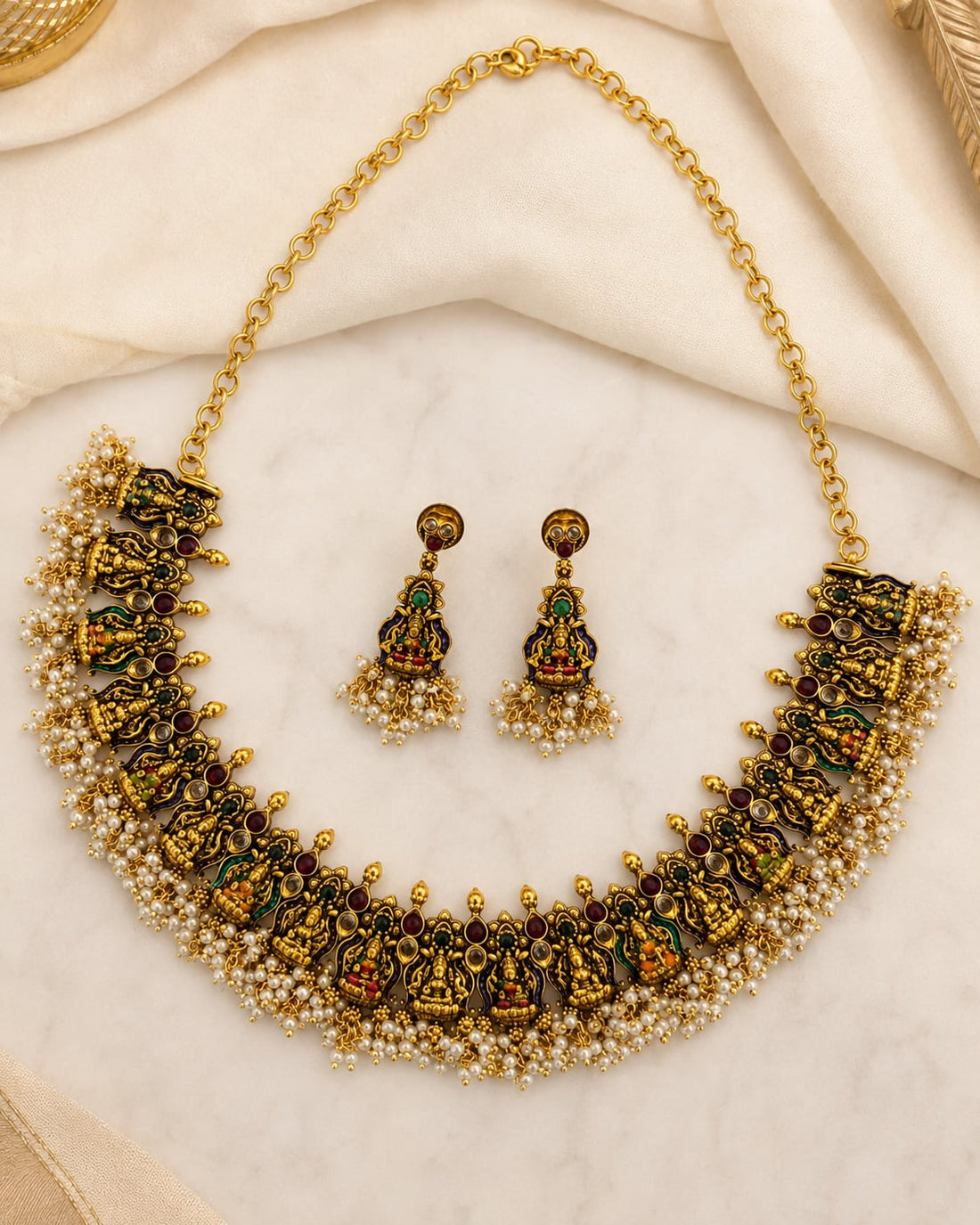 FeelOri ruby and emerald necklace set with matching earrings for sarees and festive styling
