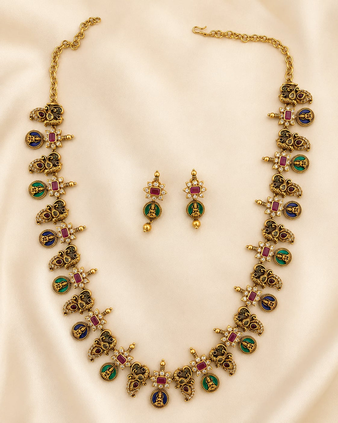 FeelOri ruby and emerald necklace set with matching earrings for sarees and festive styling