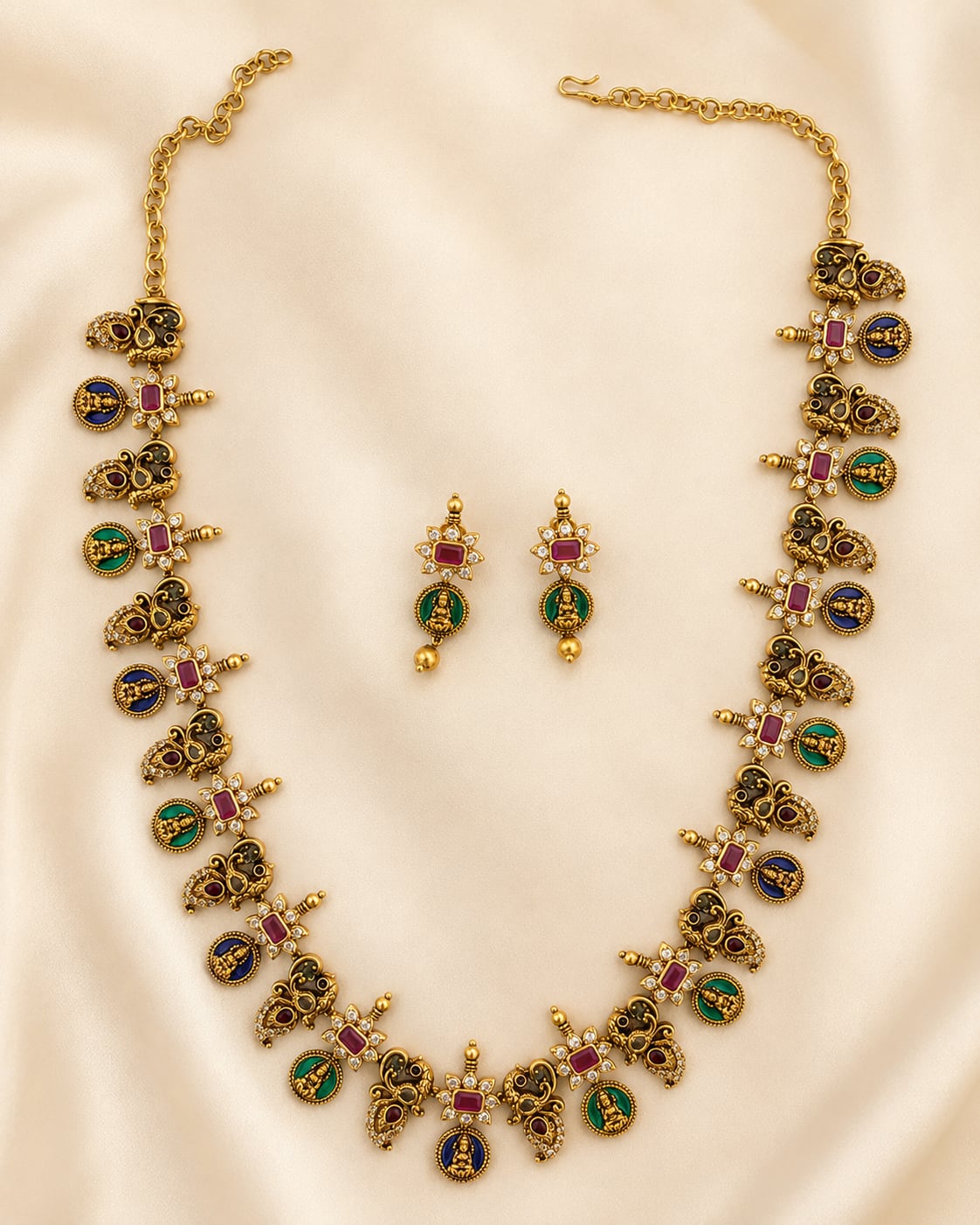 FeelOri ruby and emerald necklace set with matching earrings for sarees and festive styling