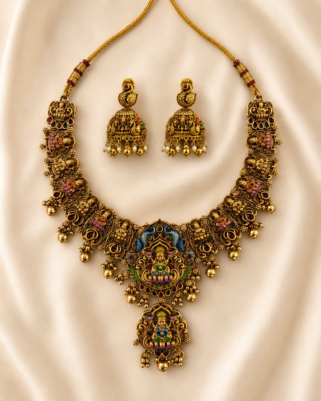 FeelOri ruby and emerald necklace set with matching earrings for sarees and festive styling