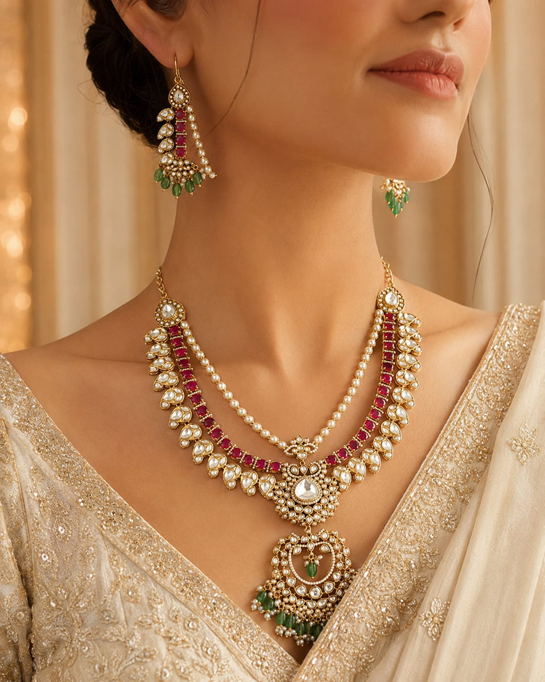 FeelOri ruby-tone and emerald-tone necklace set with matching earrings styled with Indian occasion wear