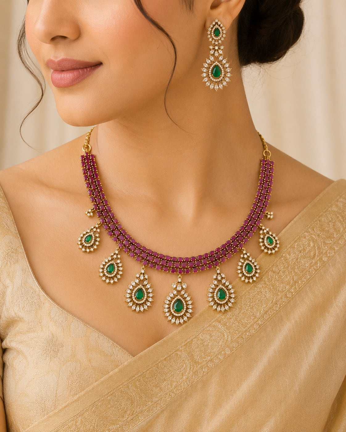 FeelOri ruby-tone and emerald-tone necklace set with matching earrings styled with Indian occasion wear