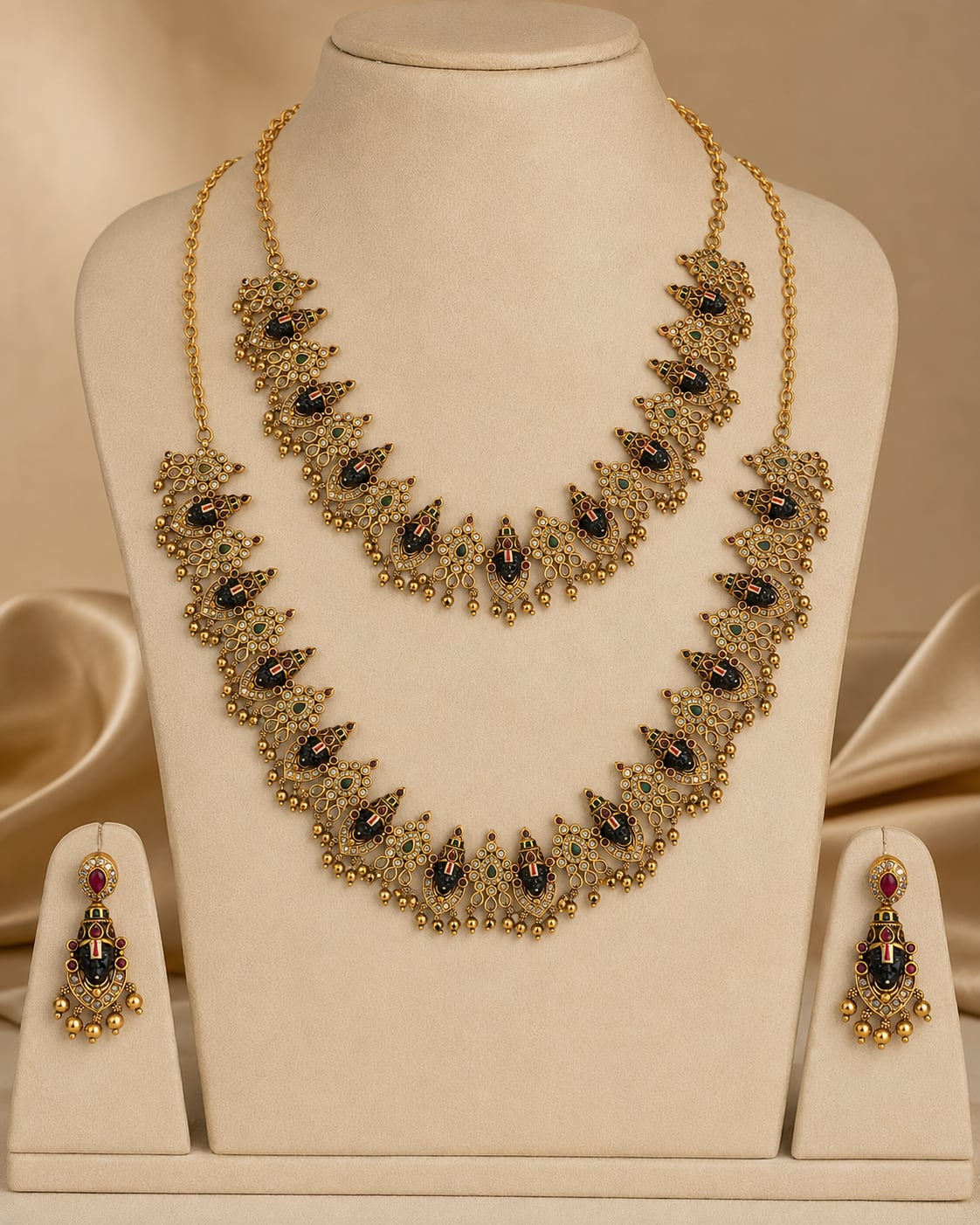 FeelOri ruby and emerald necklace set with matching earrings styled with Indian occasion wear