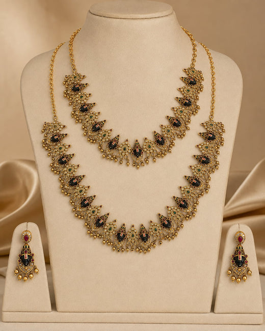 FeelOri ruby and emerald necklace set with matching earrings styled with Indian occasion wear