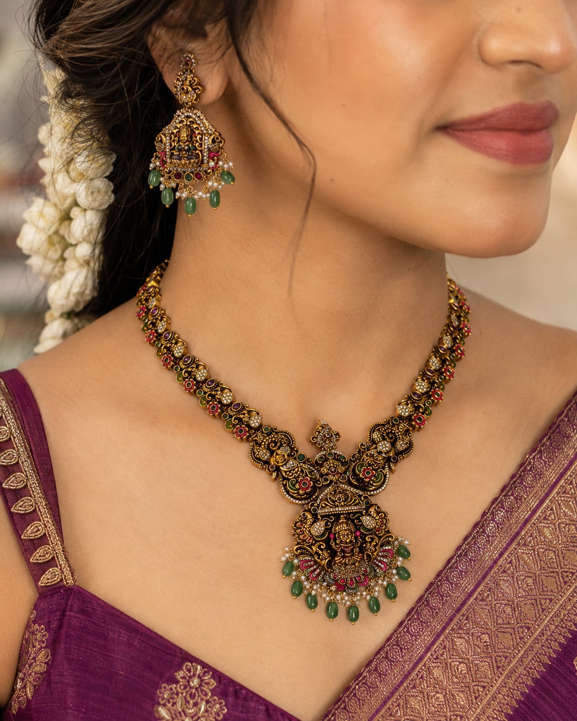 FeelOri ruby and emerald necklace set with matching earrings styled with Indian occasion wear
