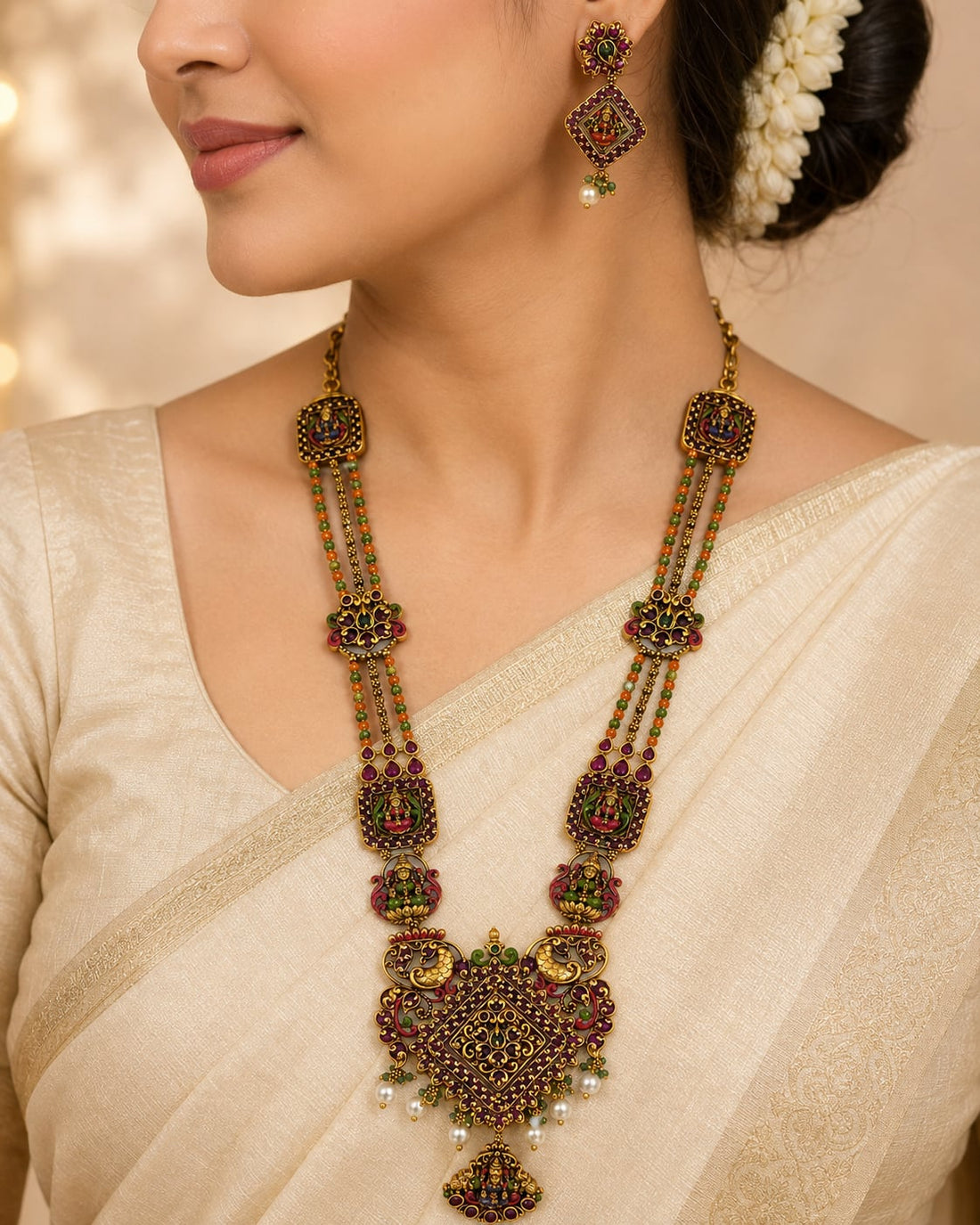 FeelOri ruby and emerald necklace set with matching earrings styled with Indian occasion wear