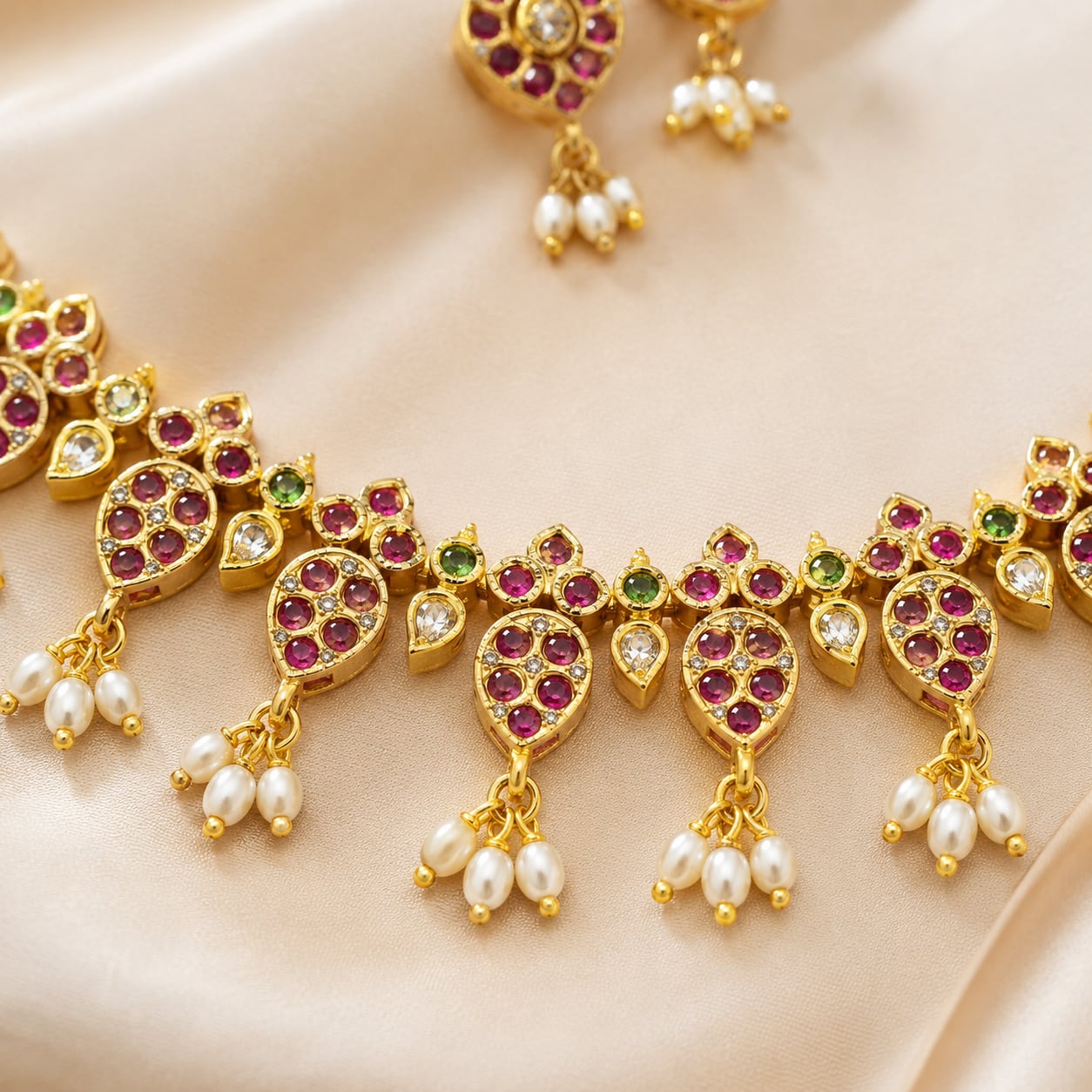 FeelOri ruby-tone and emerald-tone necklace set with matching earrings styled with saree fabric for Indian occasion wear