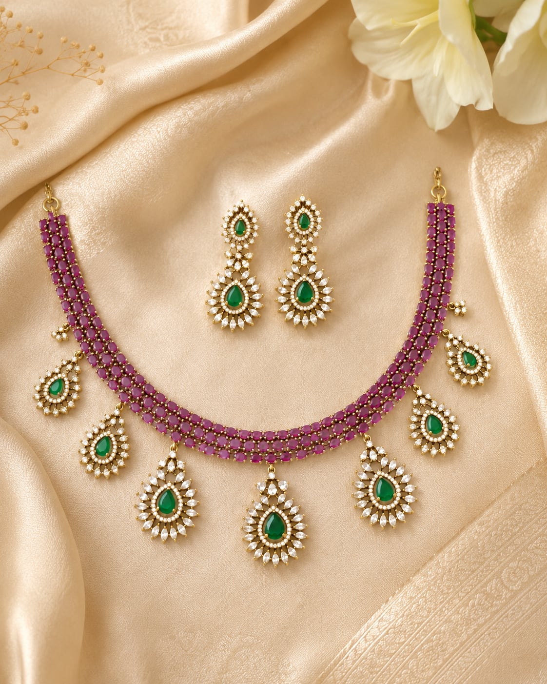 FeelOri ruby-tone and emerald-tone necklace set with matching earrings styled with saree fabric for Indian occasion wear