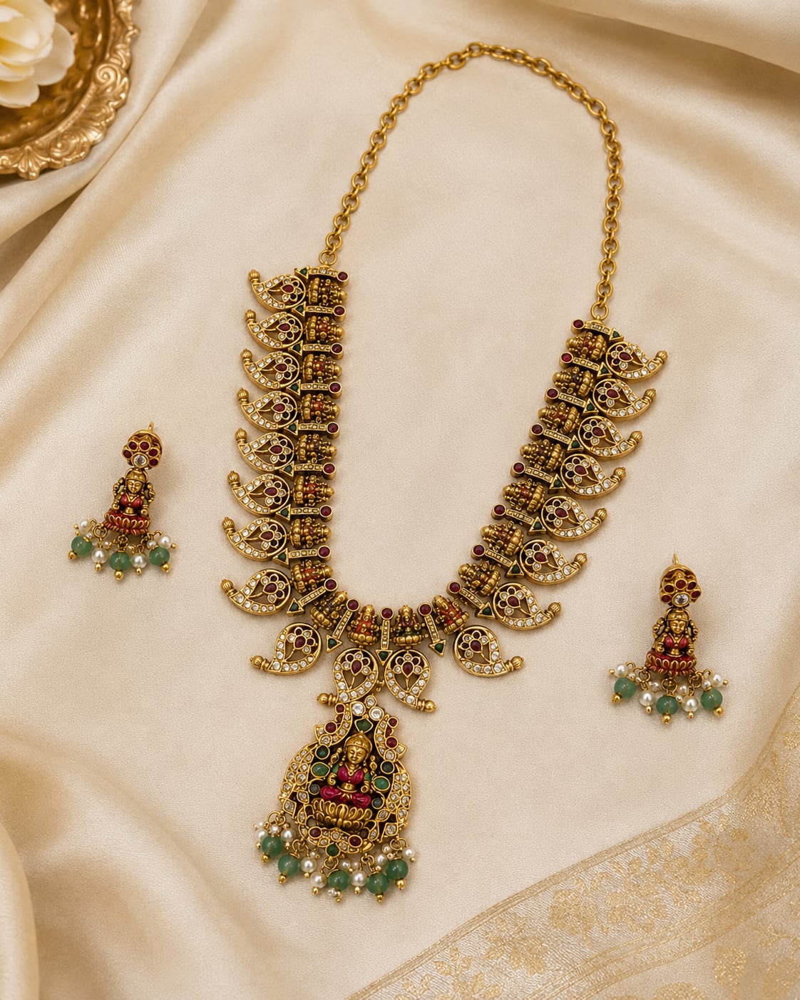 FeelOri ruby and emerald necklace set with matching earrings styled with saree fabric for Indian occasion wear