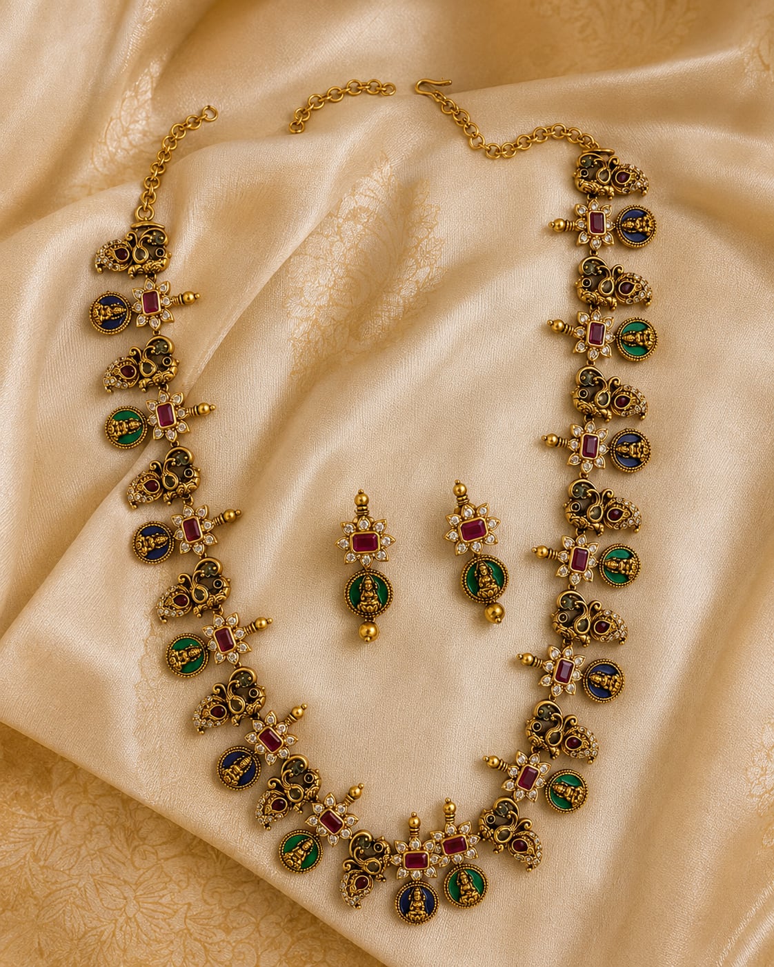 FeelOri ruby and emerald necklace set with matching earrings styled with saree fabric for Indian occasion wear