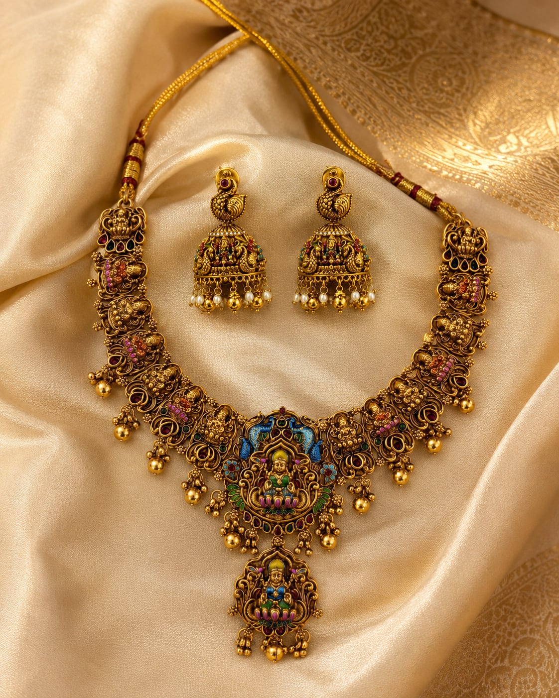 FeelOri ruby and emerald necklace set with matching earrings styled with saree fabric for Indian occasion wear